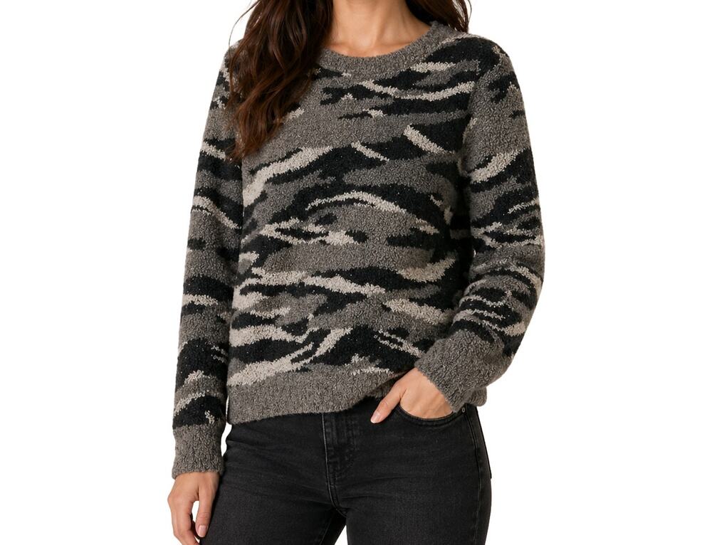 Barefoot Dreams CozyChic Camo Crewneck Sweater Black Gray Plush Pullover Small